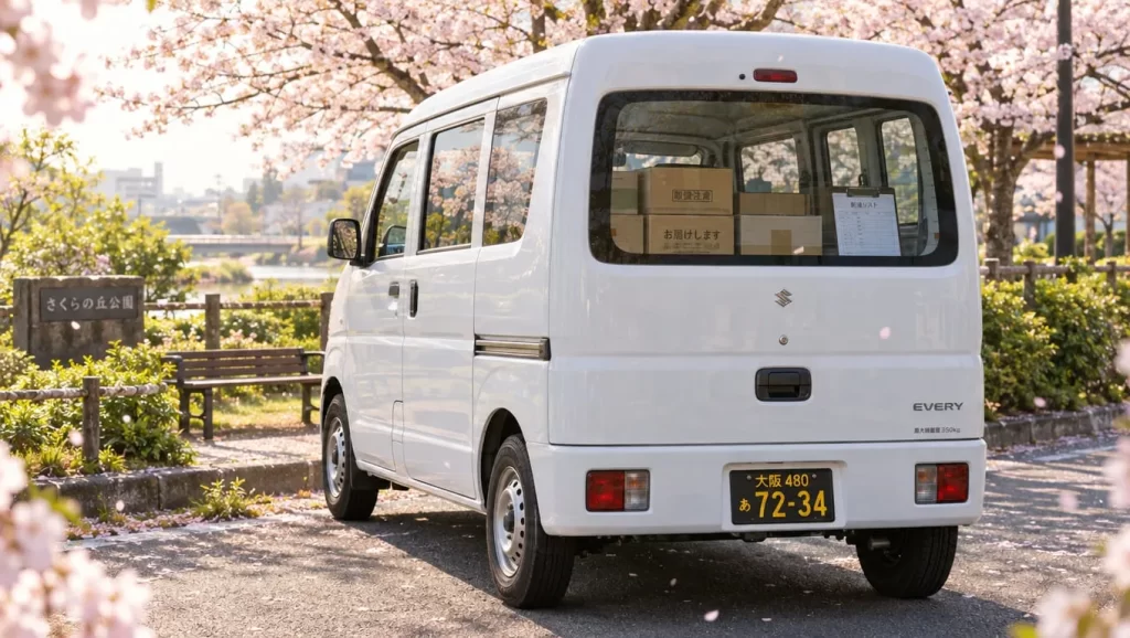 軽バンと桜の景色